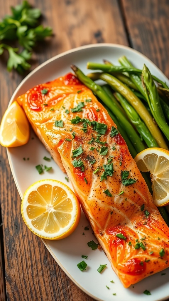 Crispy air fryer salmon fillet garnished with herbs and lemon wedges on a rustic table.